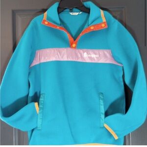 Cotopaxi Teca Fleece Pullover Sweater Teal Orange Lavender  Abstract Colorblock